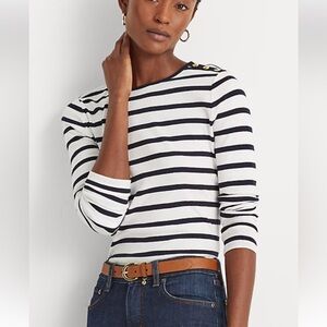 LAUREN RALPH LAUREN Top Navy White Striped button on shoulder  3X
